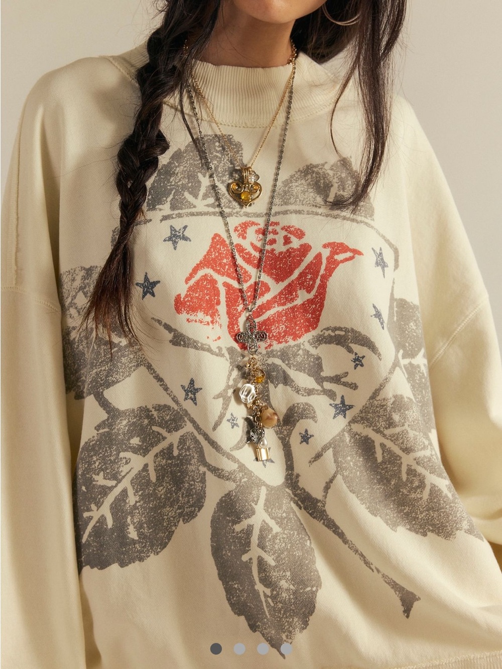 Free People Cream Sweatshirt with Red Rose Graphic